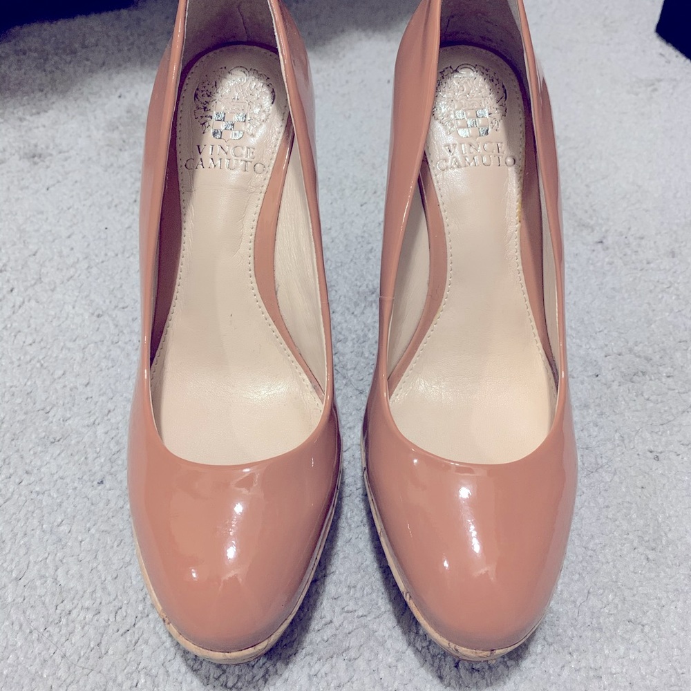 Vince Camuto cork heel patent leather nude wedge